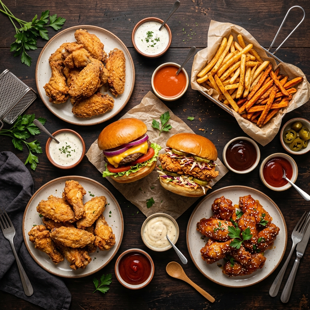Assorted wings and burgers spread